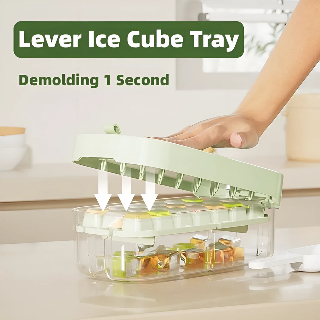 Yellow high-capacity grid ice cube tray with integrated storage slot for an ice shovel