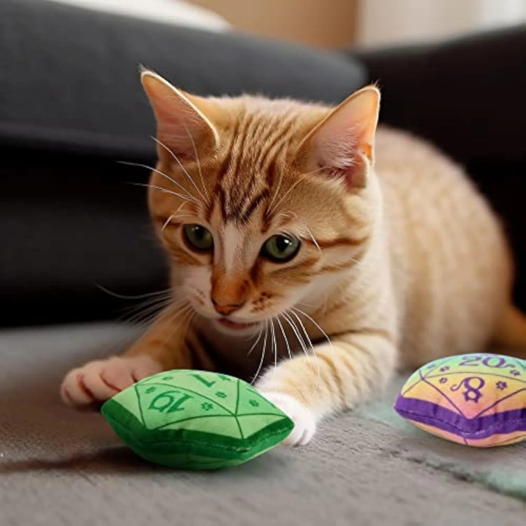 Soft plush DND dice cat toy with organic catnip filling in multiple colour options