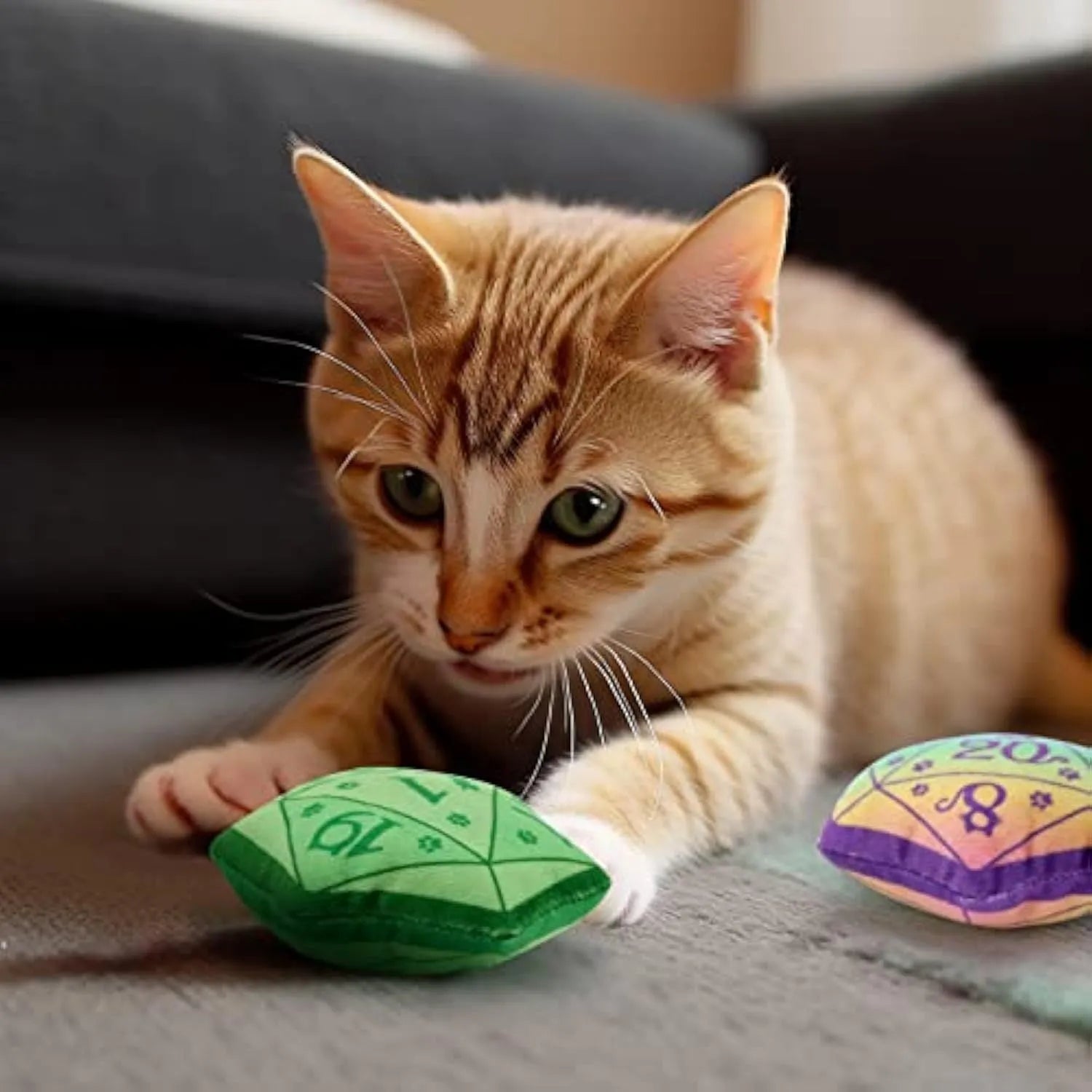 Soft plush DND dice cat toy with organic catnip filling in multiple colour options