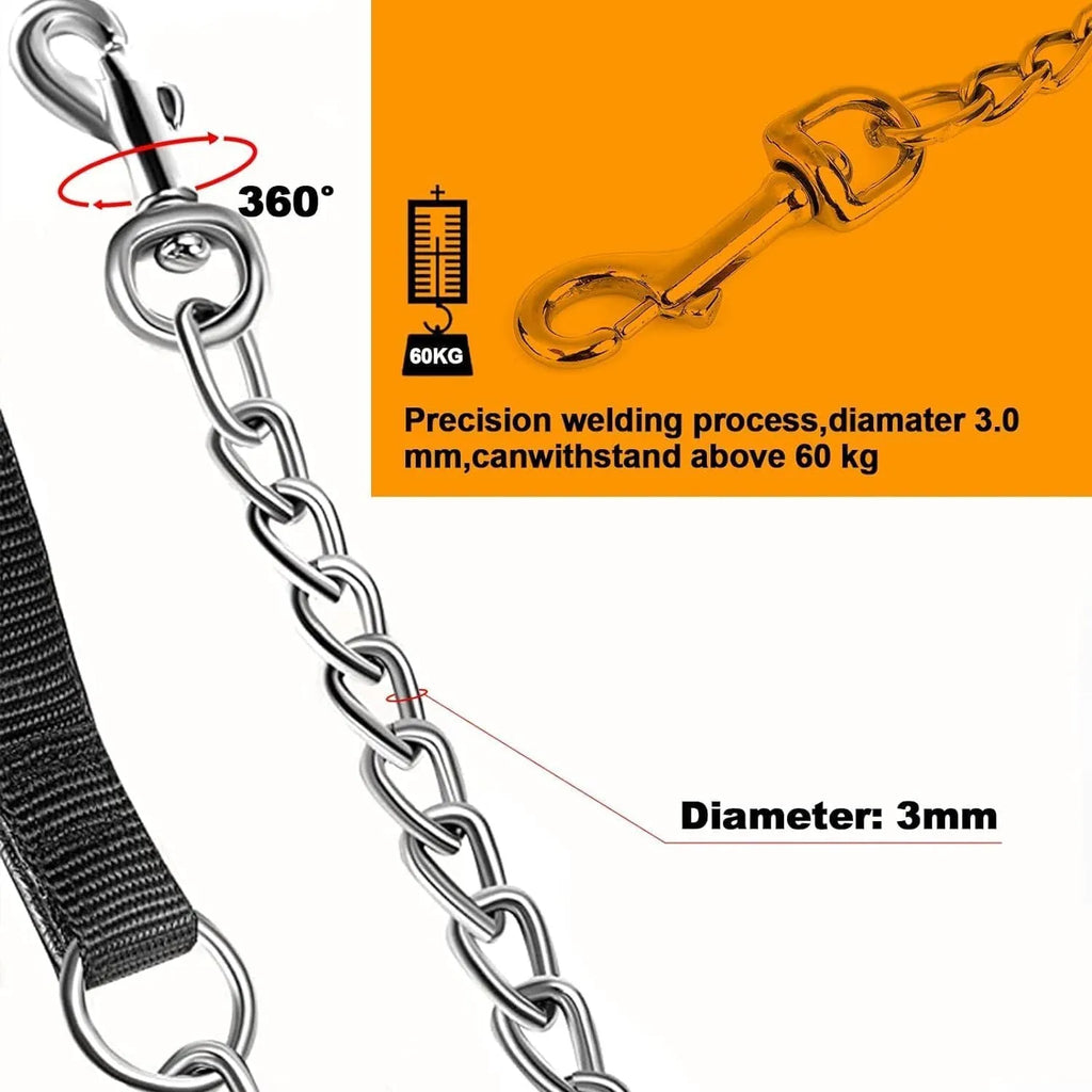 Heavy duty metal dog leash with chew proof chain and soft padded handle for large dogs