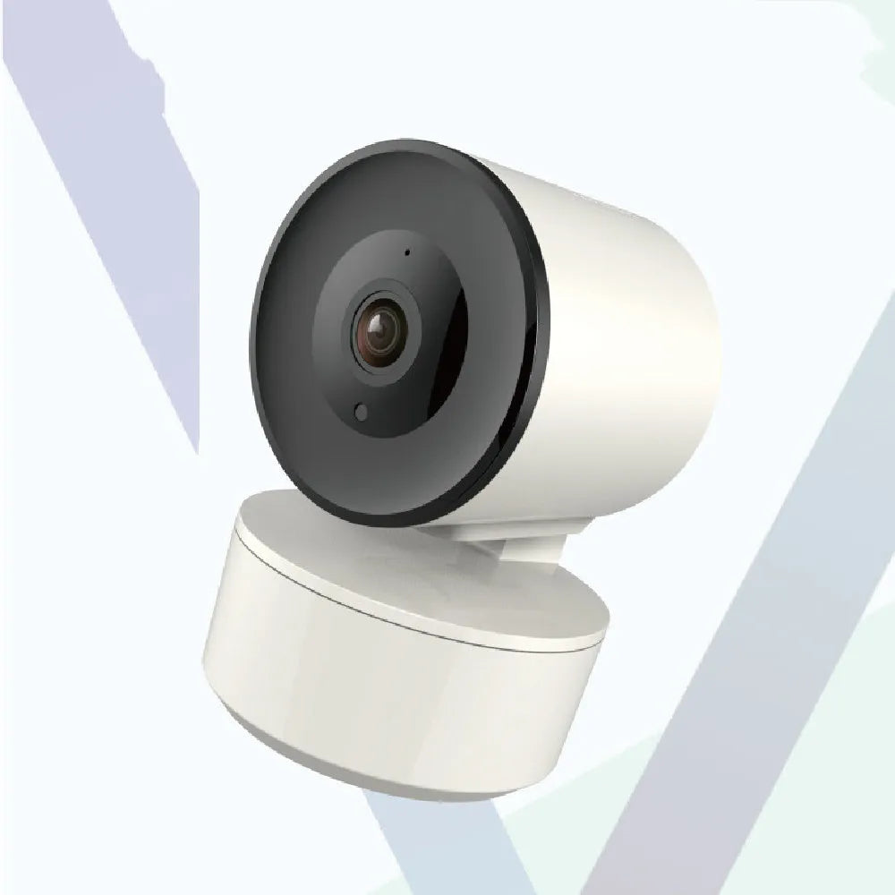 White indoor WiFi security camera with 1080p lens on a swivelling base for PTZ movement.