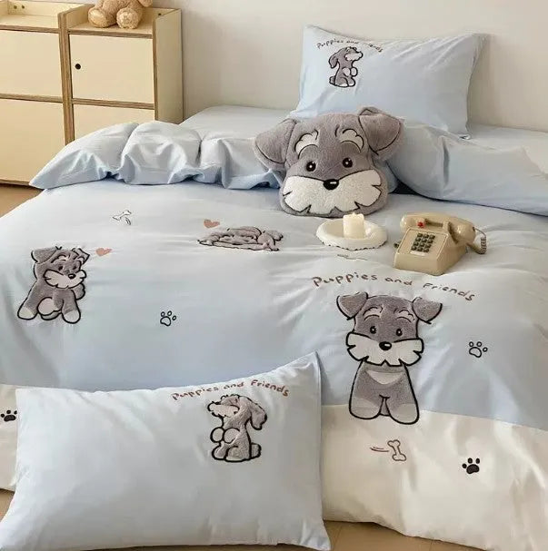 Cartoon Schnauzer bedding set with embroidered patterns showing quilt cover, sheet, and pillowcases