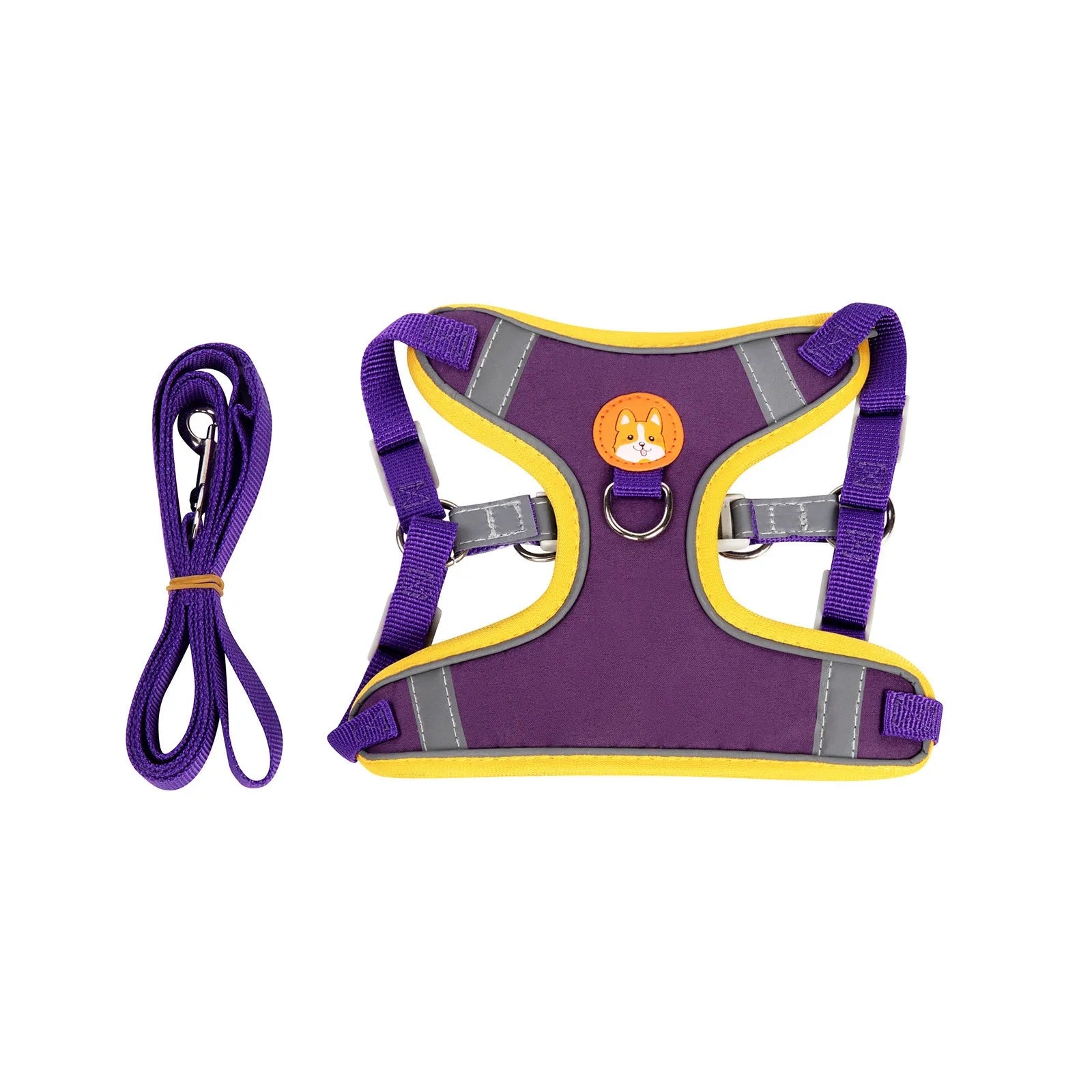 Adjustable haulage rope dog harness in purple showing chest strap and anti-breaking design