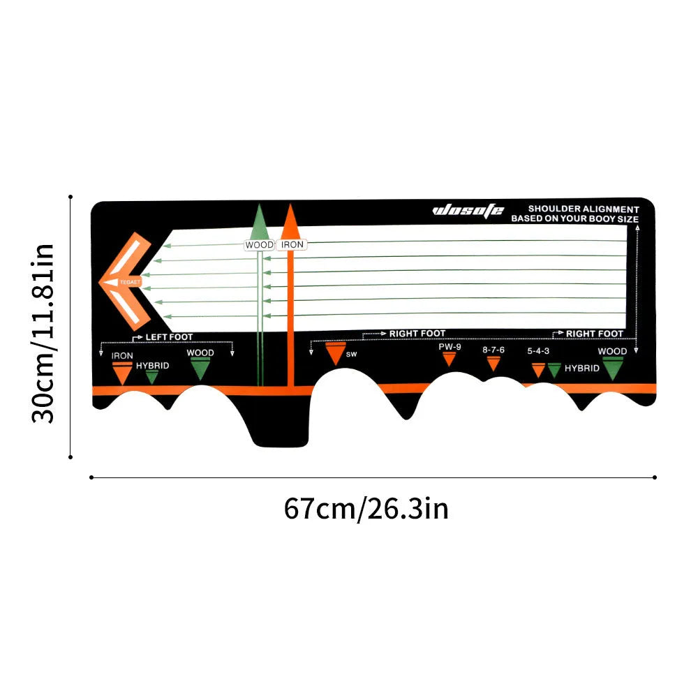 Black neoprene golf swing training mat with white alignment markings for stance correction.