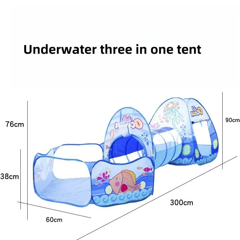Three-piece children's play tent centre with integrated ball pool and tunnel in colourful cartoon design
