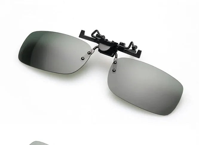 PC clip-on sunglasses accessory for prescription glasses in large or small size with gray, green, or night vision lens.