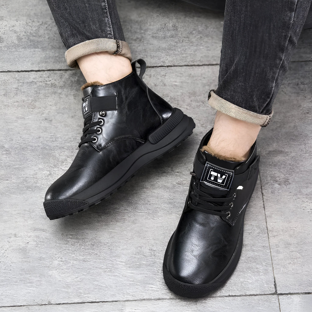 Men's black velvet platform boots with high-top design and rubber sole showing side profile