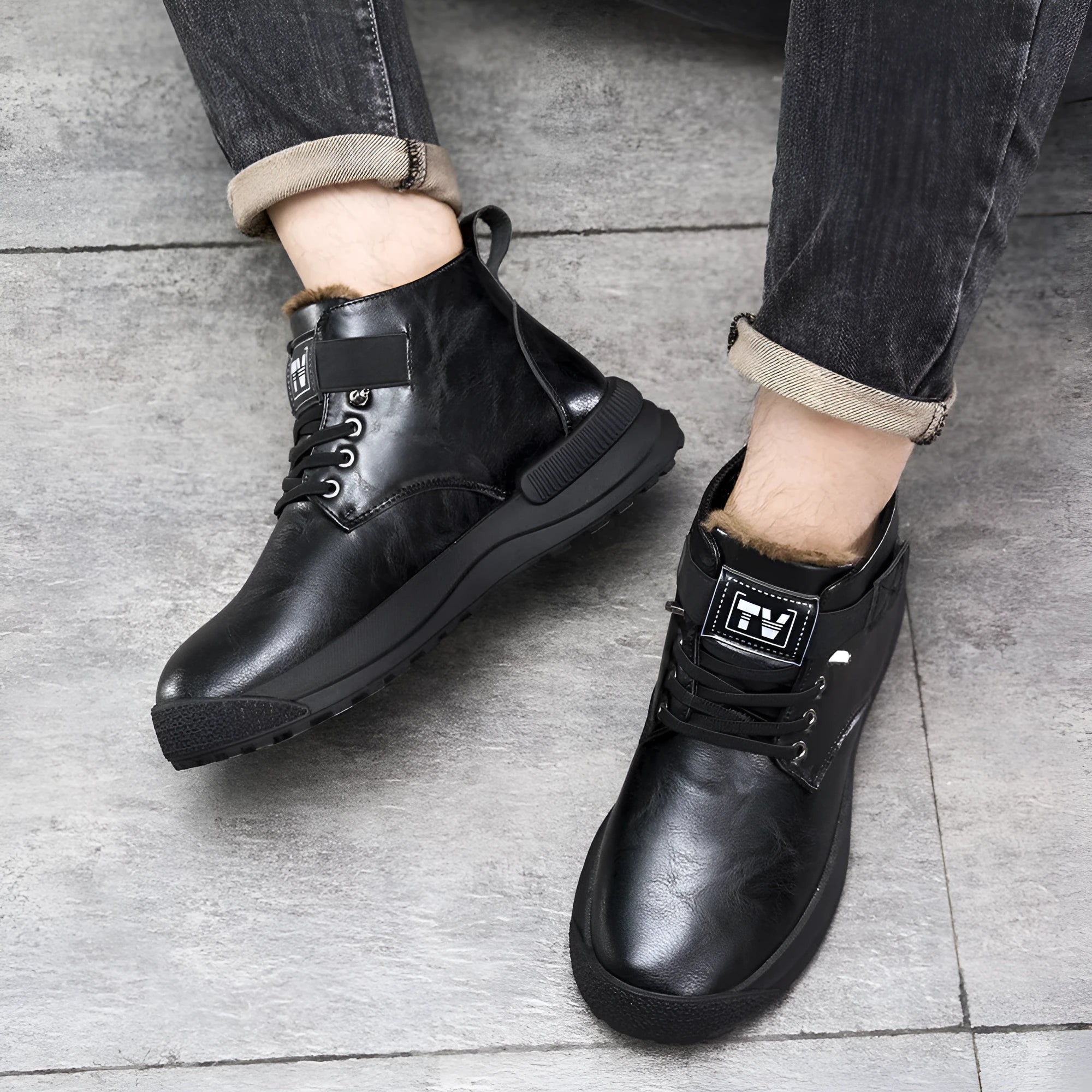Men's black velvet platform boots with high-top design and rubber sole showing side profile