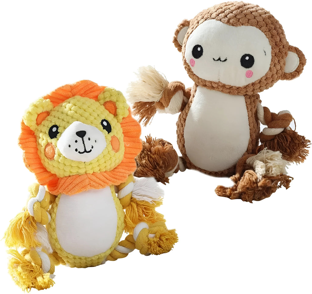 Lion and monkey plush squeaky dog toys bundle for medium and large dogs.