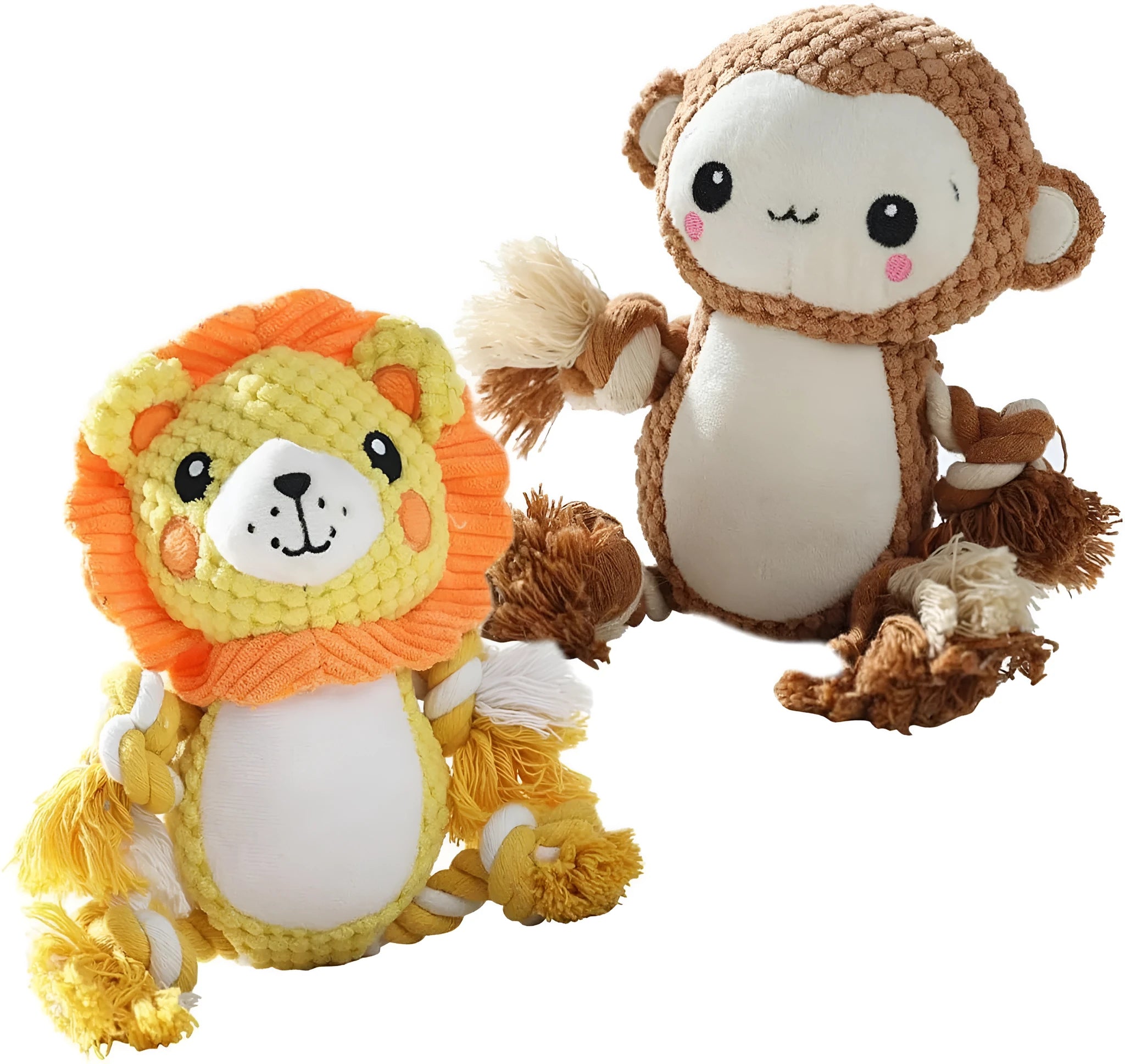 Lion and monkey plush squeaky dog toys bundle for medium and large dogs.