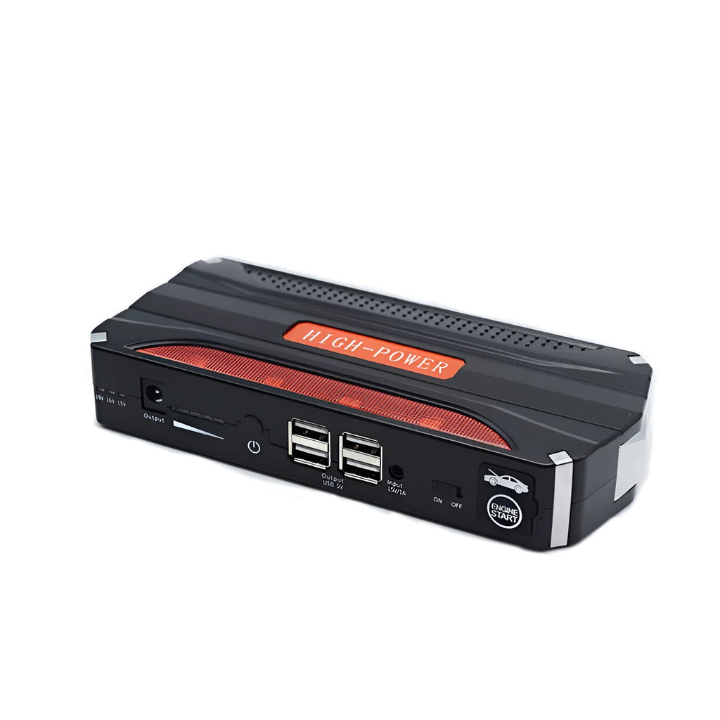 Black and red portable vehicle jump starter with 7800mAh battery capacity for emergency car starting