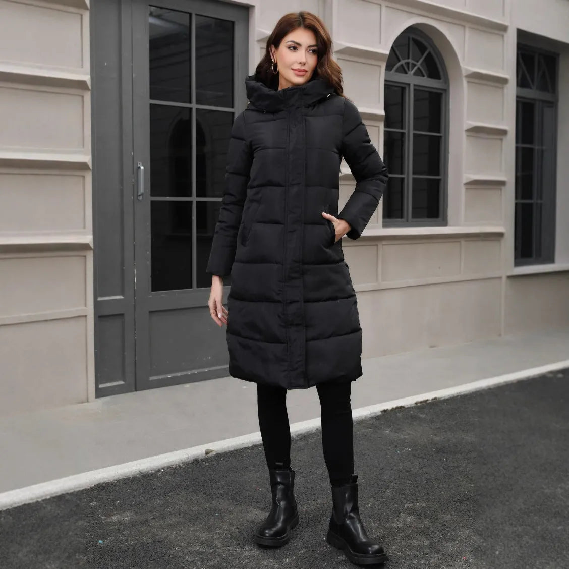 Black slim-fit hooded cold-resistant long jacket with polyester fabric construction