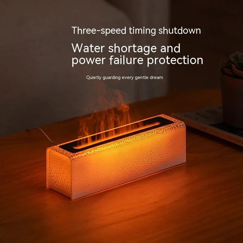 Square black desktop aroma diffuser and humidifier with creative lava flame lighting effect.
