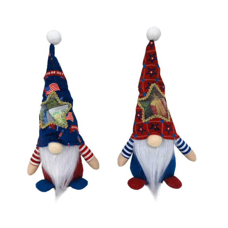 Two faceless baby doll Christmas ornaments with Rudolf candy bag design in polyester cloth