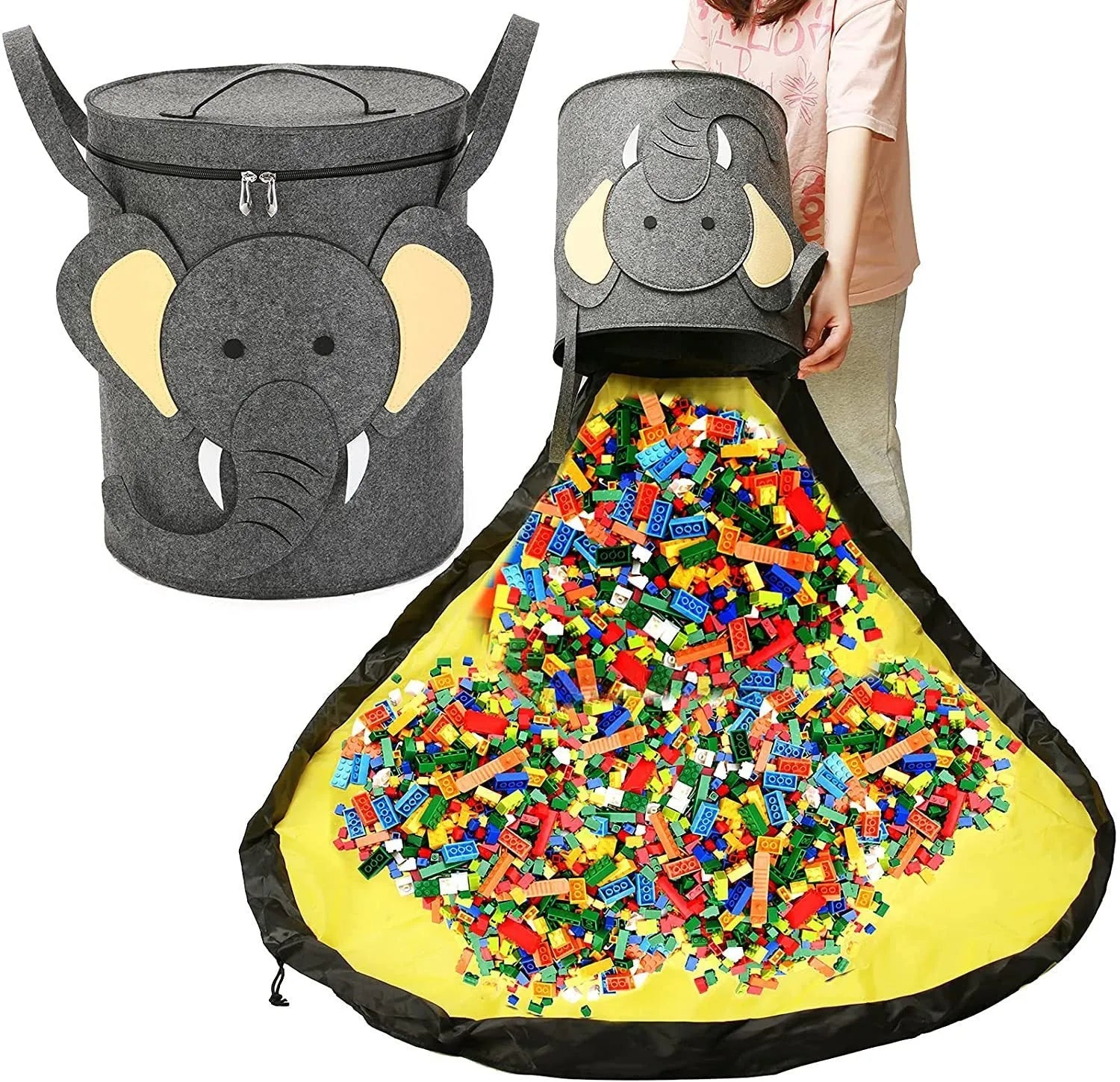 Green cube-shaped felt storage bag with a pull rope, shown as a toy organiser and play mat.