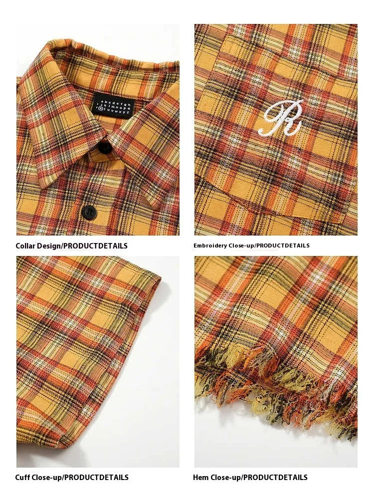 Yellow grid plaid short sleeve shirt with loose fit and embroidery pocket