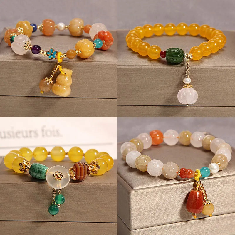 Khaki yellow agate crystal bracelet for women with gold silk threading.