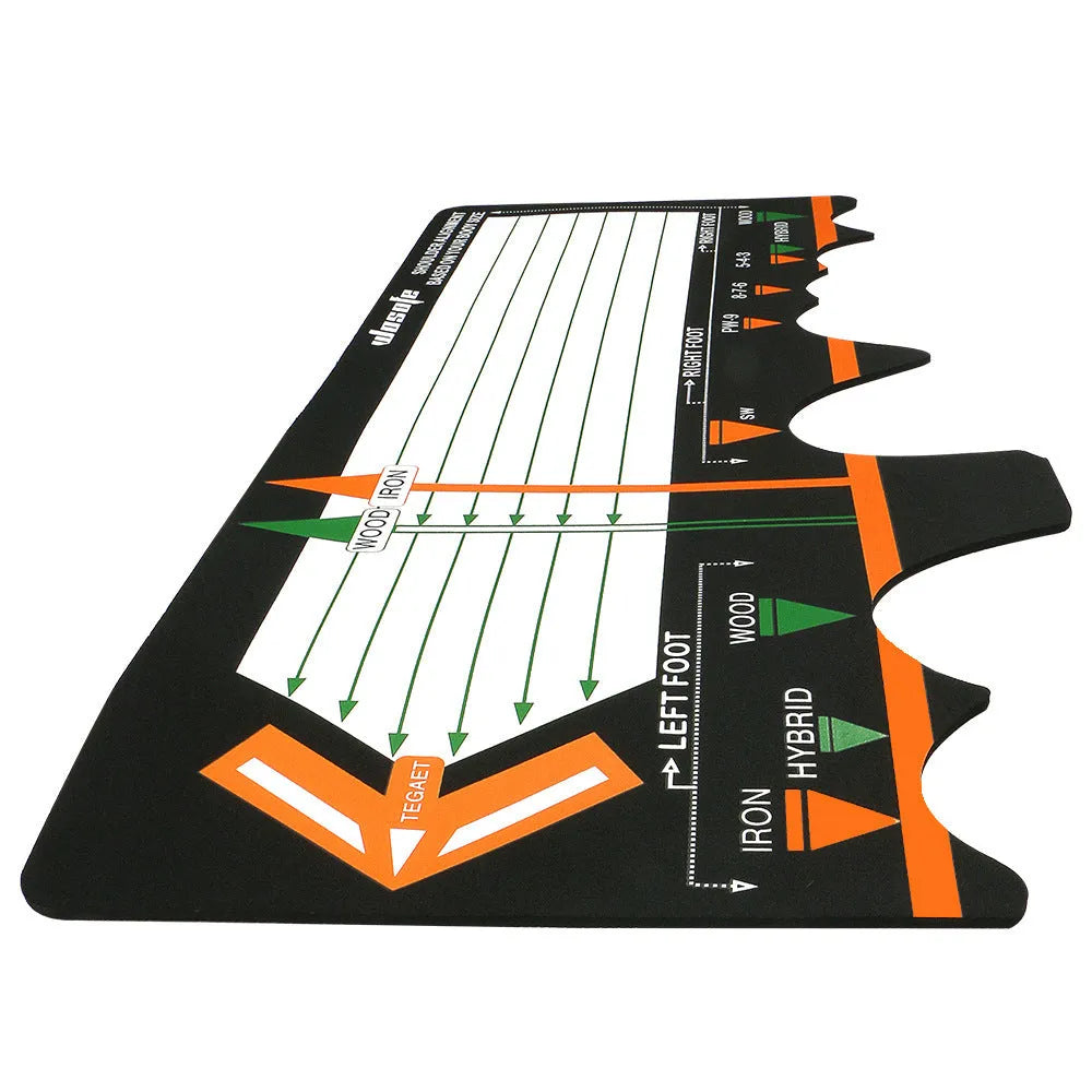 Black neoprene golf swing training mat with white alignment markings for stance correction.
