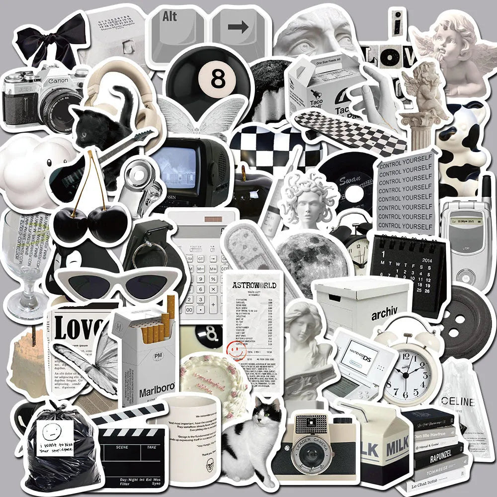 61-piece black and white PVC waterproof sticker pack for laptops, phones, luggage, and sports equipment decoration