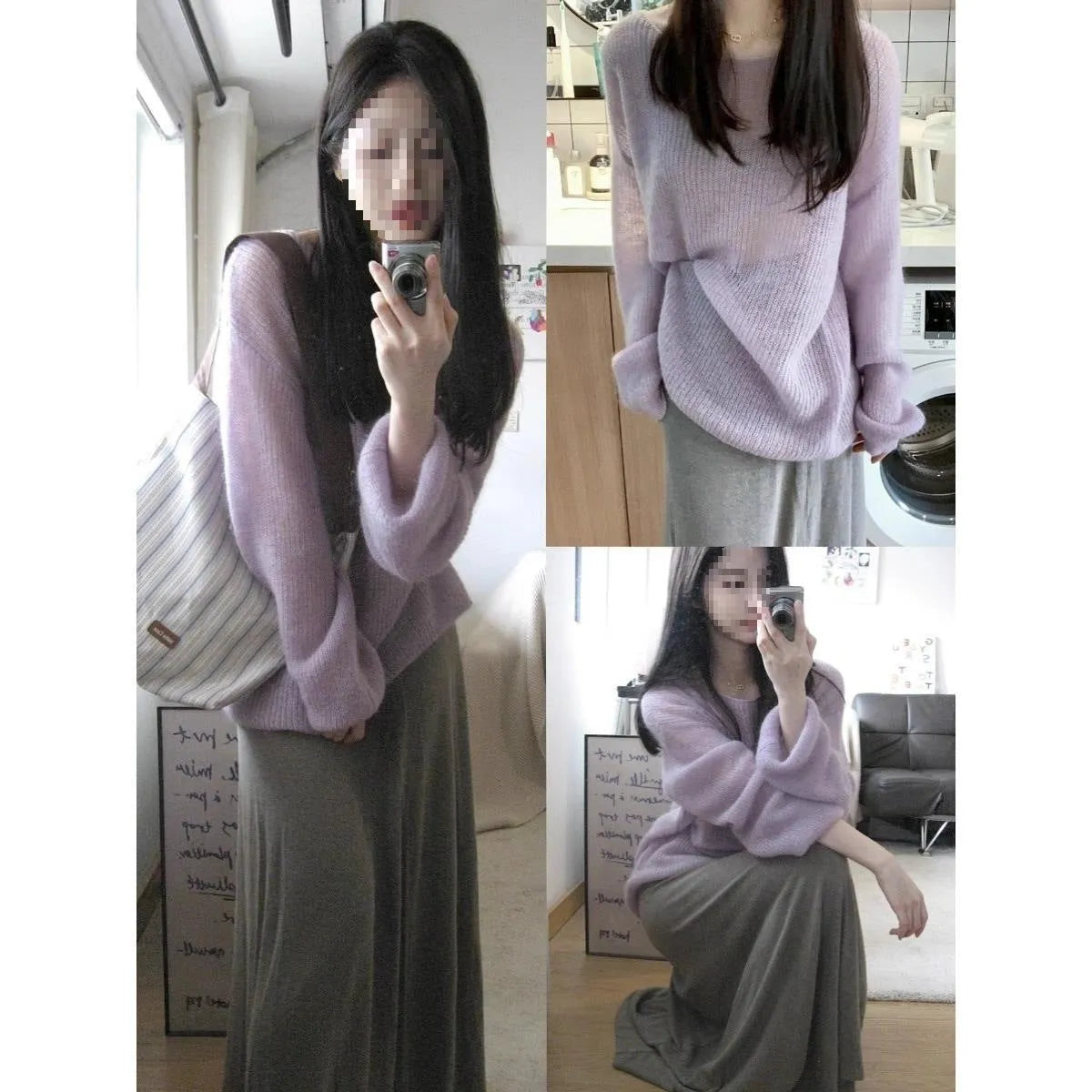 Purple ice silk women's blouse with hollow out detail and shoulder straps.