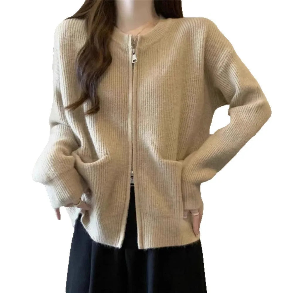 Women's soft sweater coat in temperature-sensitive fabric showing beige colour option with long sleeves and cardigan styling