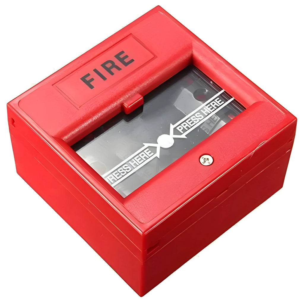 Red wired security button hand breaking glass emergency fire alarm with fireproof material