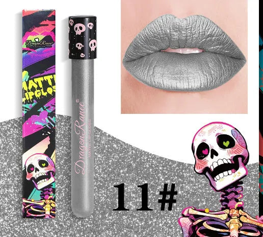 Halloween skull test tube containing matte gold or silver lip gloss for creative makeup.