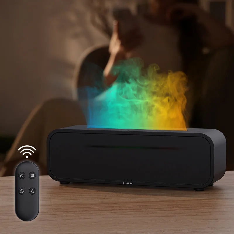 Black and white USB aroma diffuser with remote control and colour-changing LED lights