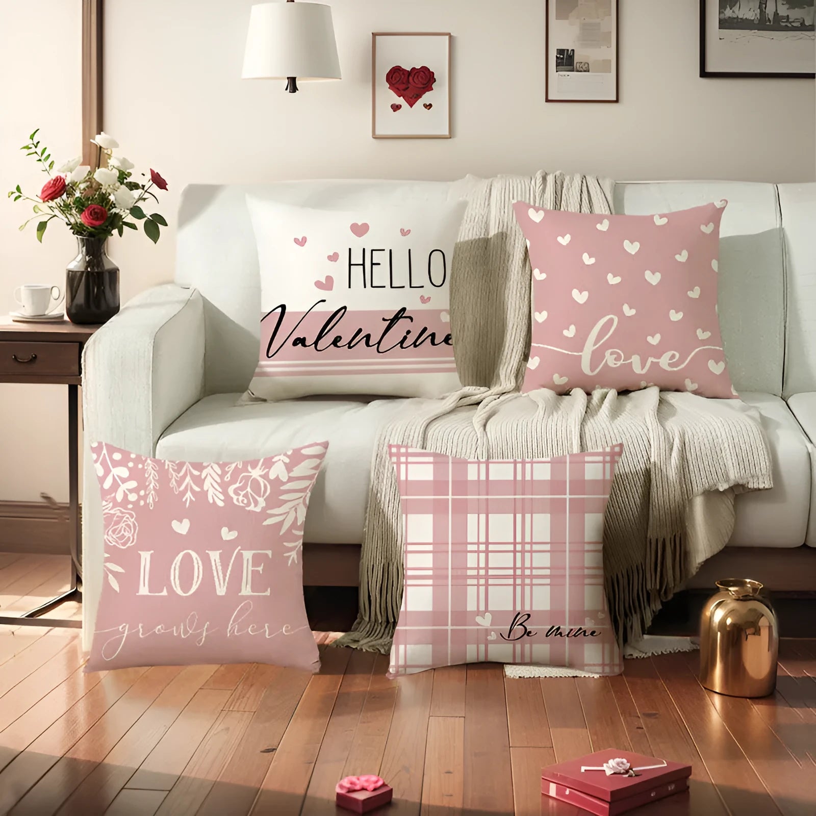 Valentine's Day plaid and heart printed pillow cover in 45x45cm size on a sofa.