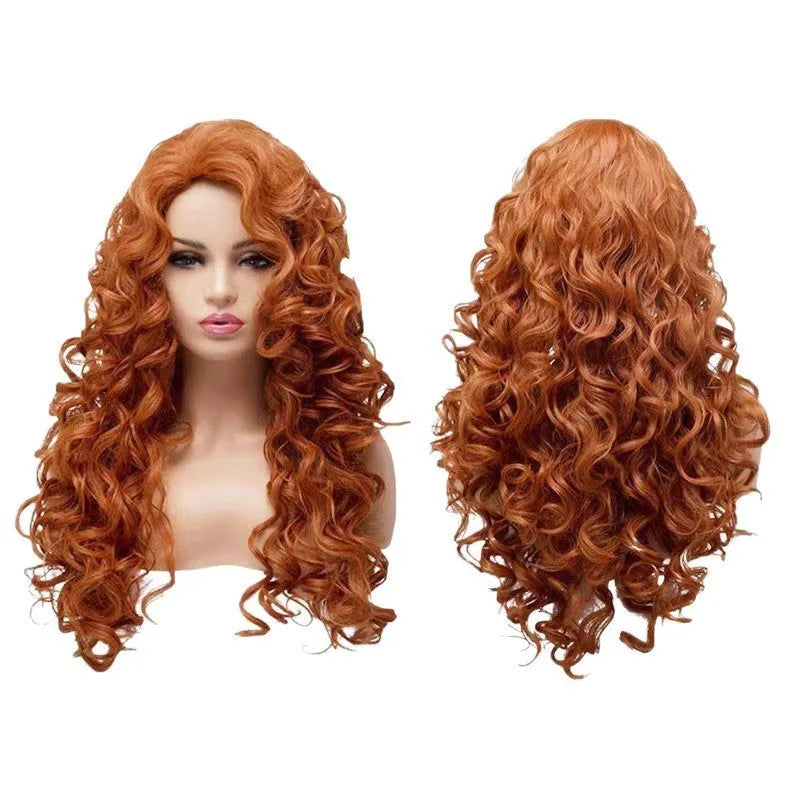 Brown long wavy curly cosplay wig on wig head cover