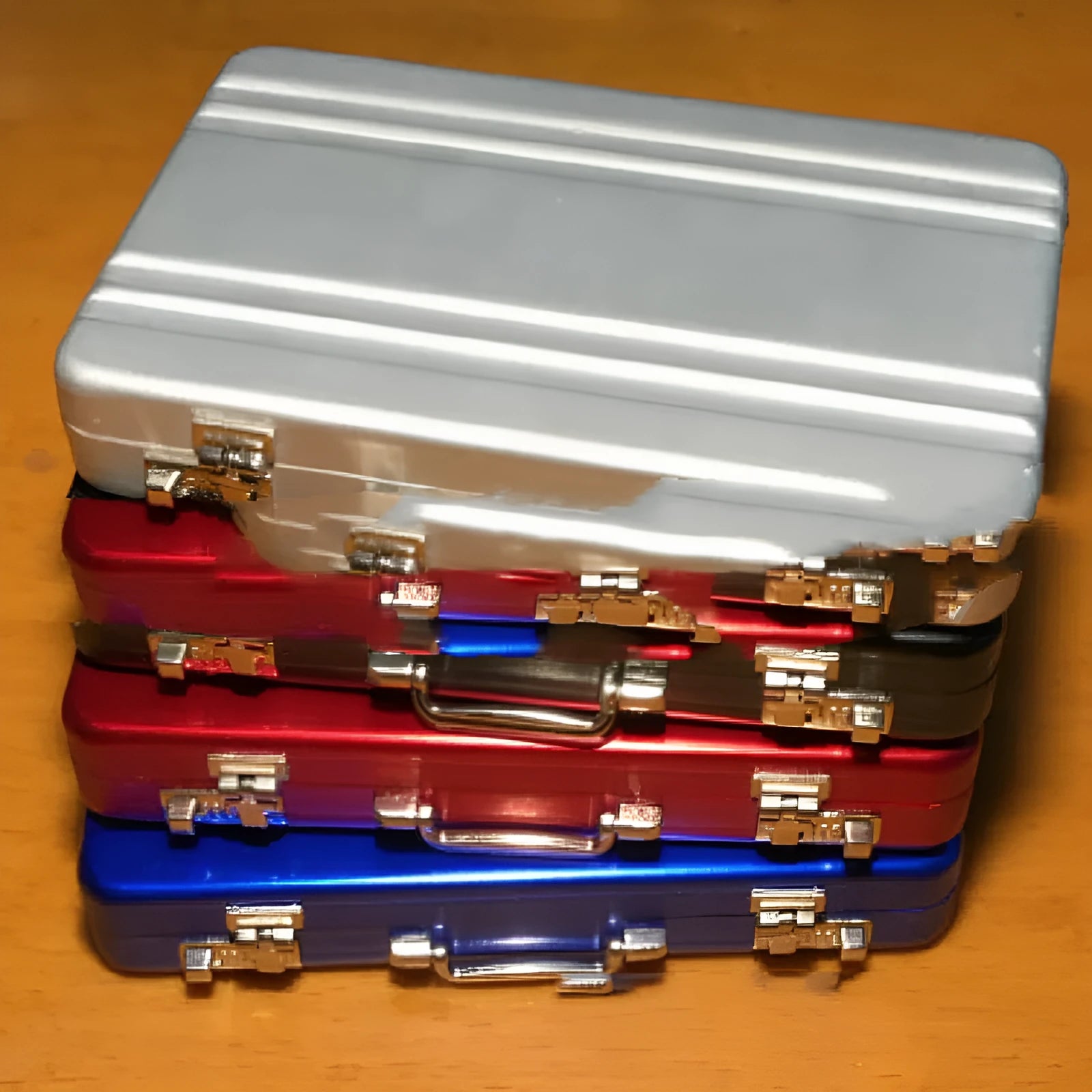 Slim aluminium alloy metal card holder in six colour options: red, blue, black, silver, pink, and gold.