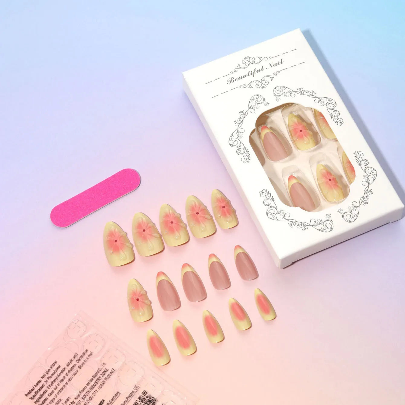 Simple fake nails with raised 3D cartoon flower design in TY-318 colour, shown with jelly glue tube and filing strip.