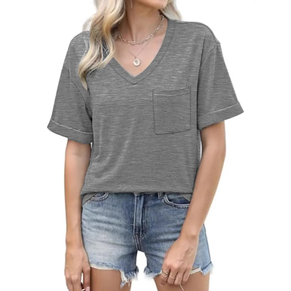 Grey loose V-neck t-shirt with chest pocket on mannequin showing Asian sizing label
