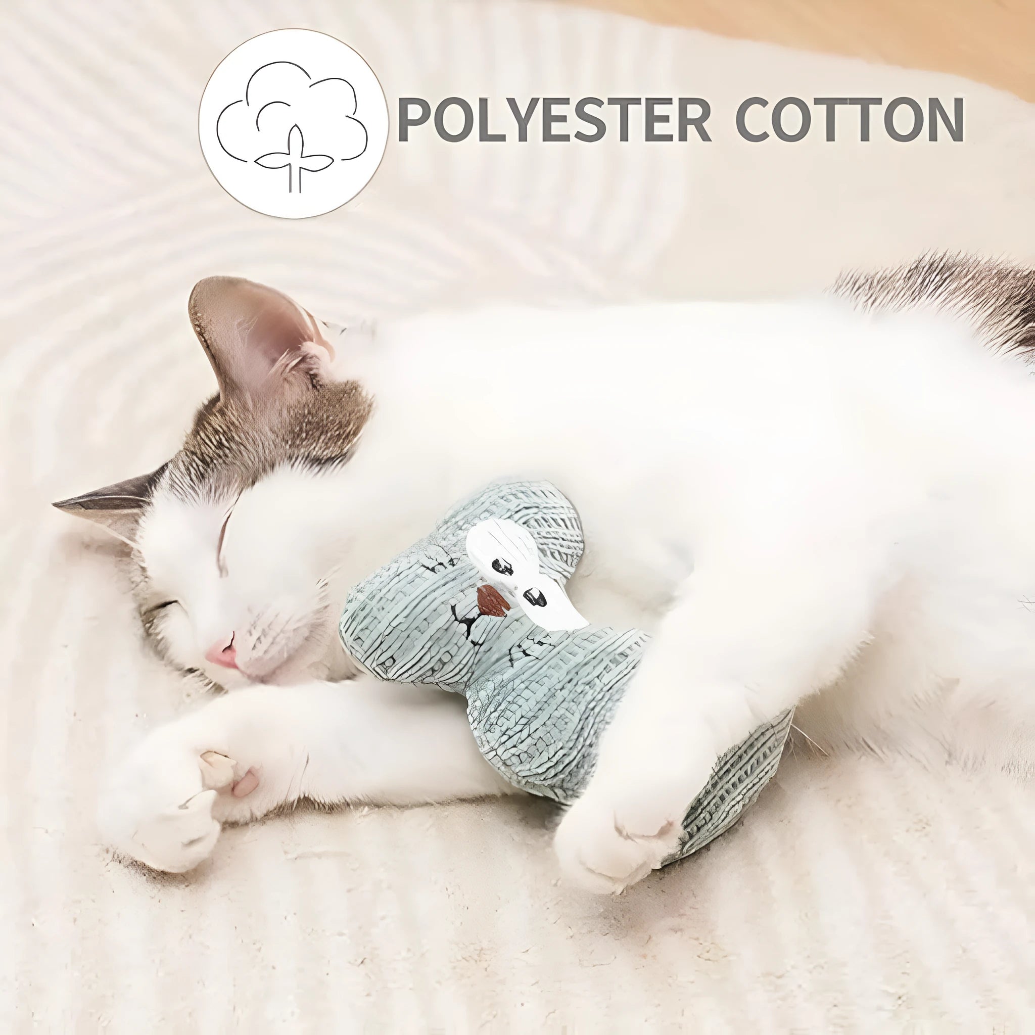Cyan knitted plush cat toy with bell and catnip, measuring 12 by 11 centimetres.