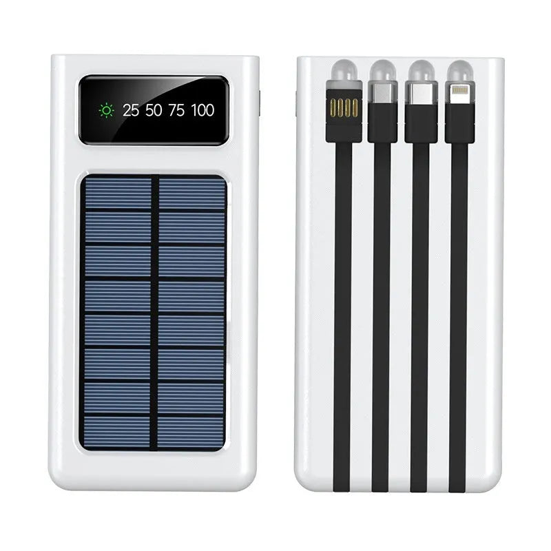Black and white solar power bank with 20000mAh capacity and four-wire cable for mobile phones