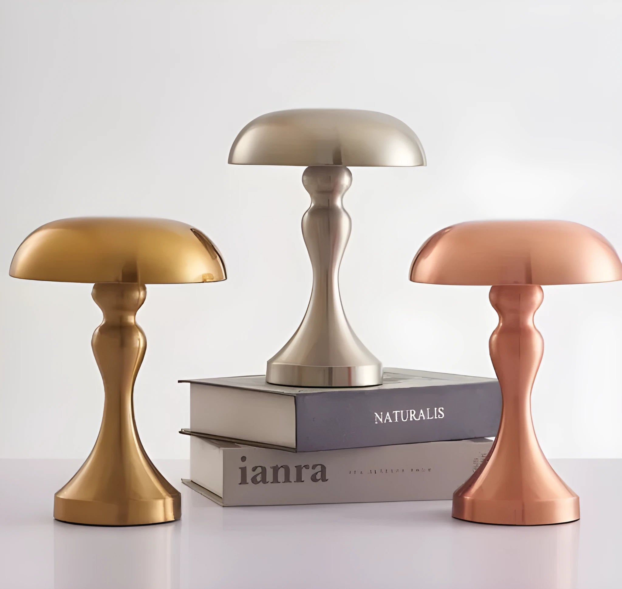 LED desk lamp in bronze finish with USB charging cable and touch controls for three colour temperatures