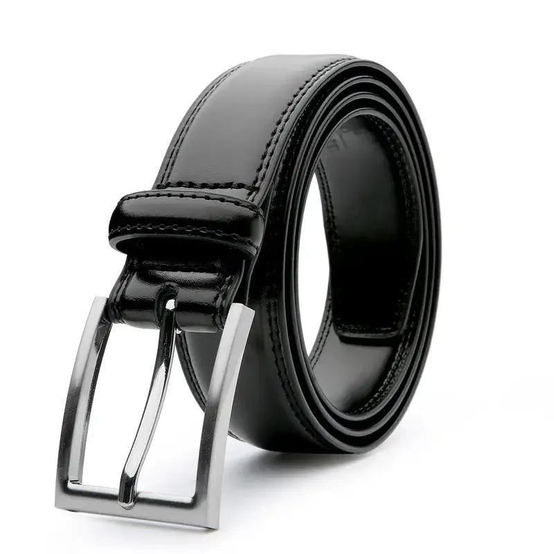 Men's genuine leather casual belt with an alloy buckle shown in 95 grain brown, black, and yellow brown colour options.