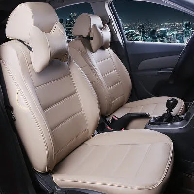 Cow leather car seat cover in beige and black with red line styles, showing binding detail