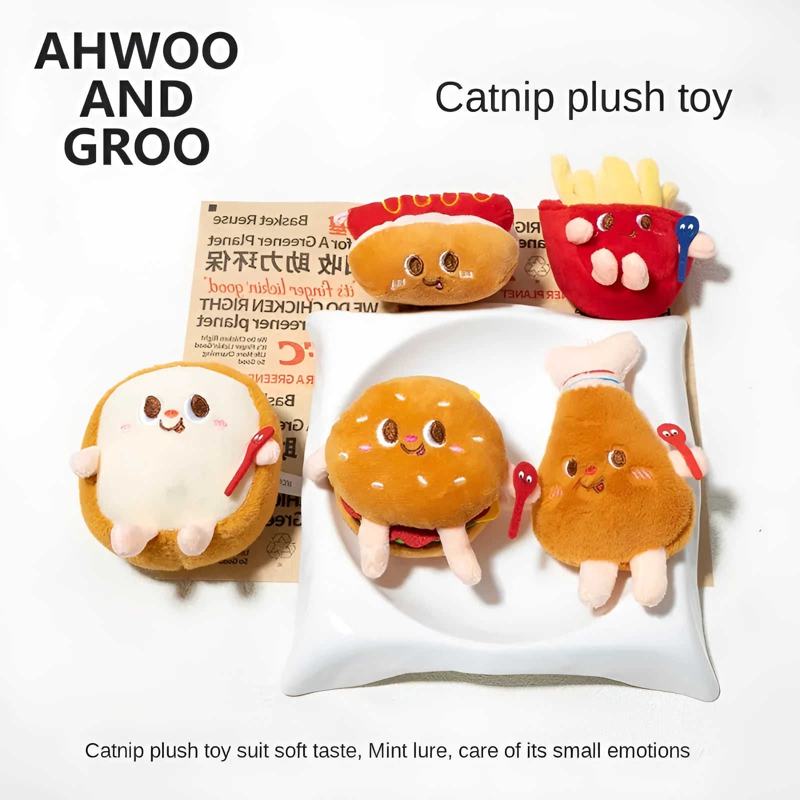 Five soft chew toys for kittens shaped like hamburger, chicken leg, fries, bread, and hot dog