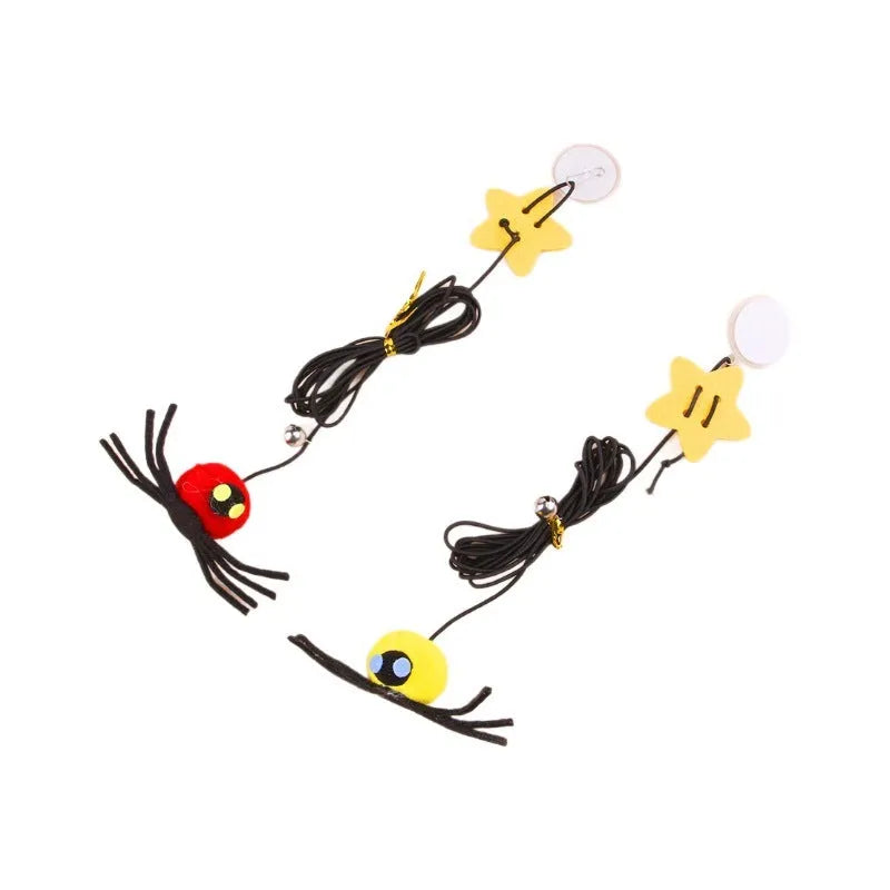 Red or yellow cat hanging door toy with elastic rope, feather, and bell for interactive play