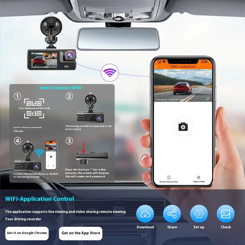Wi-Fi enabled car dash cam with 2-inch screen on a windscreen, showing a rear-view reversing camera image.