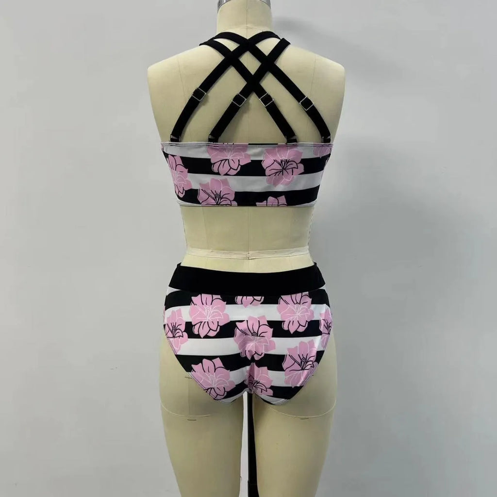 Women's black printed belly covered slimming split bikini swimsuit set