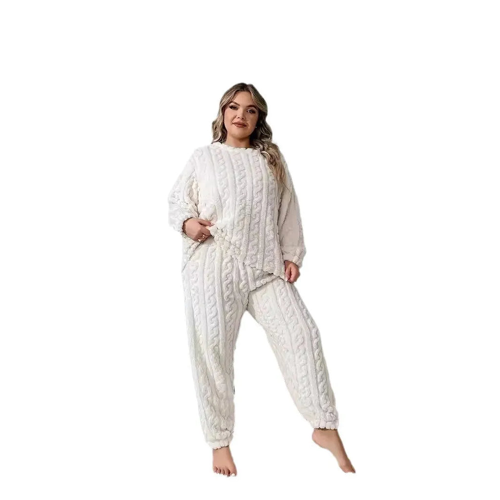 Women's milky white plush polyester two-piece lounge set with crew neck top and matching trousers