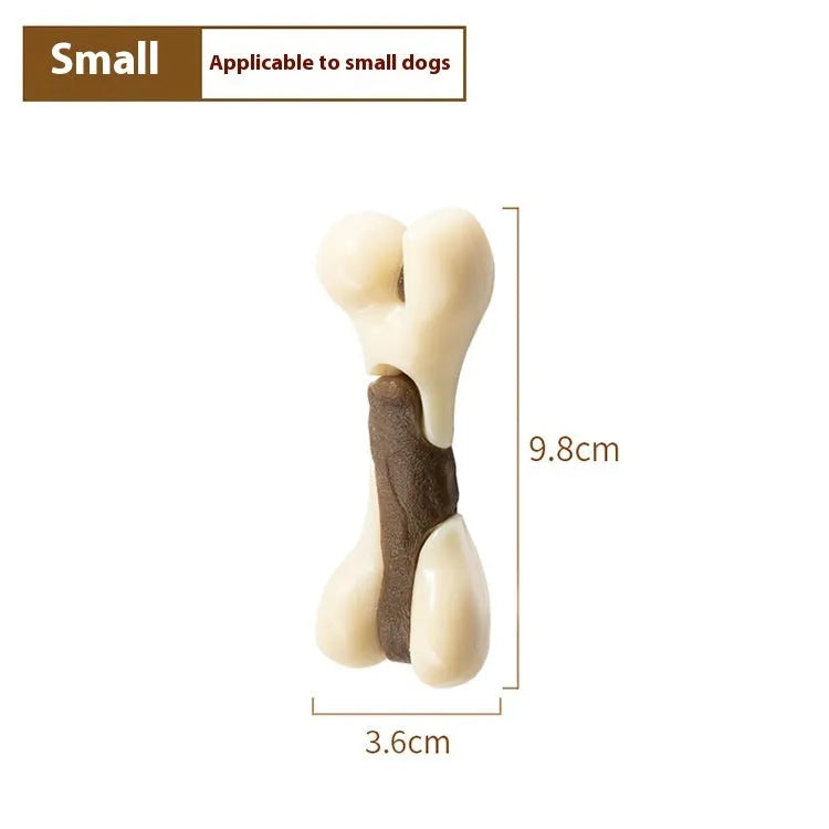 Brown bone-shaped dog chew toy made from cowhide and nylon materials