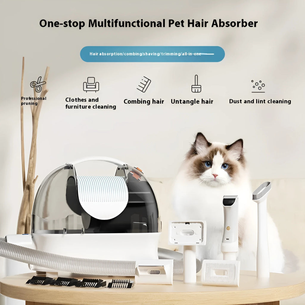Pink and white pet grooming vacuum cleaner host with attachments including electric shear and combs.