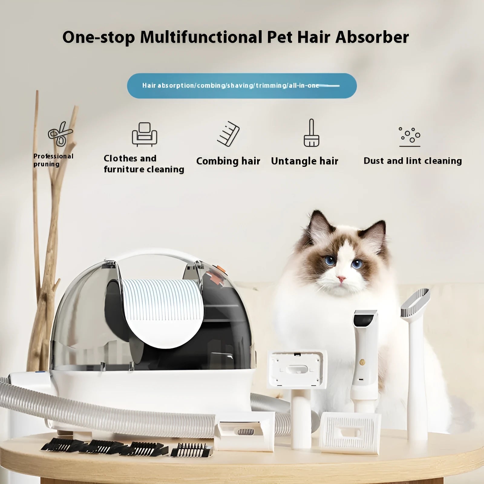 Pink and white pet grooming vacuum cleaner host with attachments including electric shear and combs.