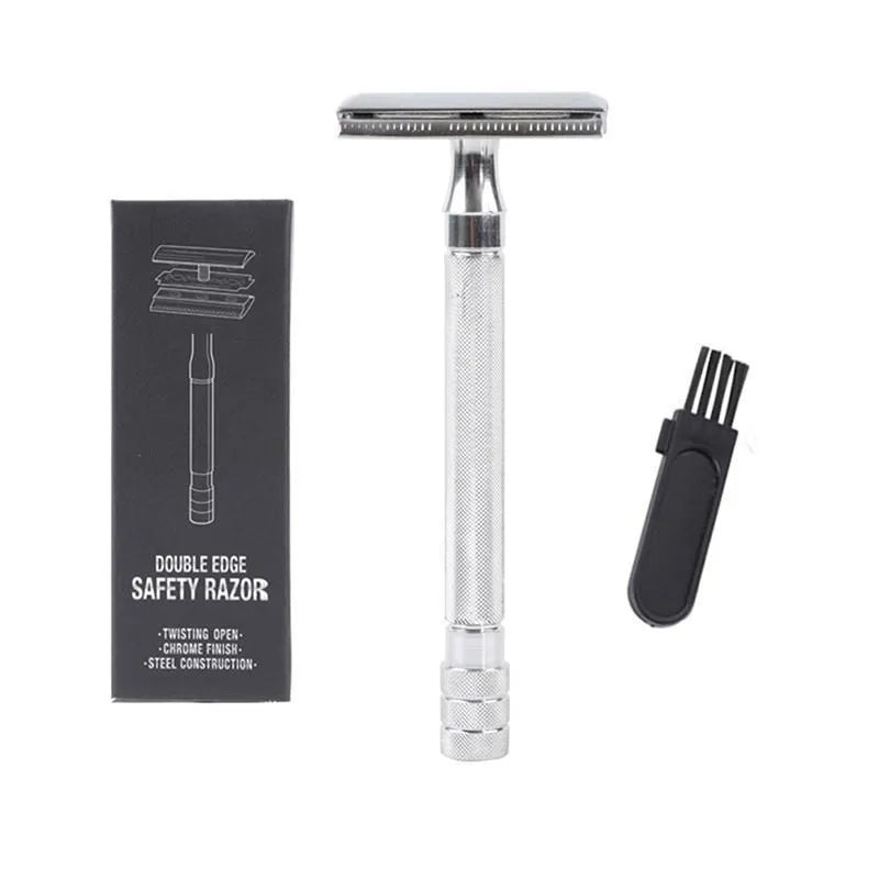 Traditional manual shaving razor and brush combination kit in black and silver metal finishes.