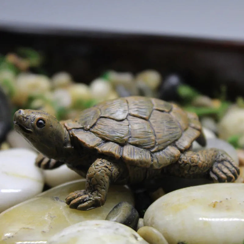 Small green and brown simulation turtle resin ornament for fairy garden and micro landscape decoration.