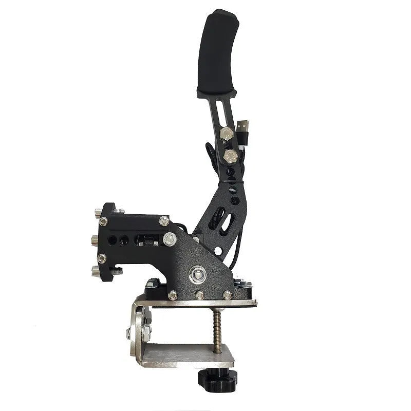 USB racing simulator handbrake with mounting clamp in choice of five colours on a grey background.