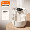 Beige round ultrasonic humidifier with USB port, dual spray nozzles, and display.